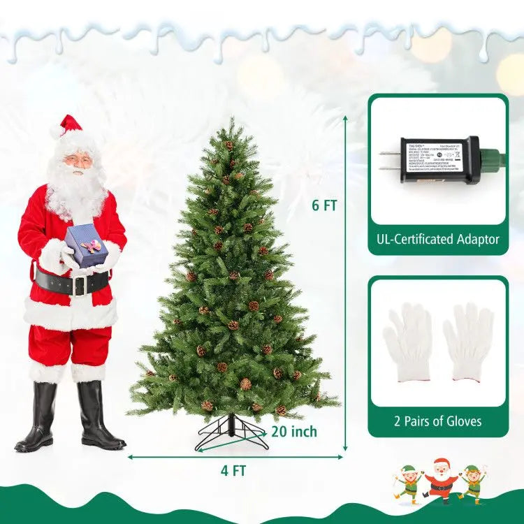 HKM-150739 6/7 FT Artificial Christmas Tree with Pine Cones and Adjustable Brightness Features