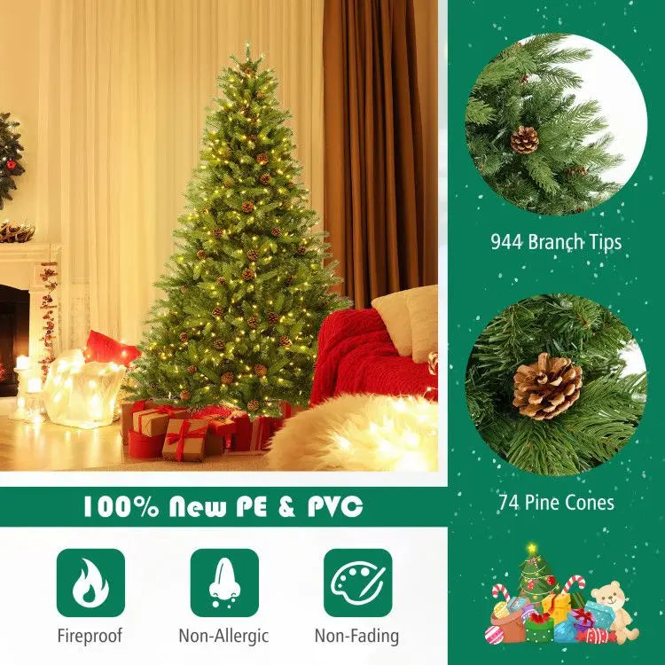 HKM-150739 6/7 FT Artificial Christmas Tree with Pine Cones and Adjustable Brightness Features