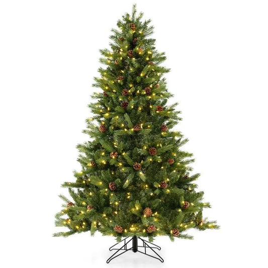 HKM-150739 6/7 FT Artificial Christmas Tree with Pine Cones and Adjustable Brightness Features