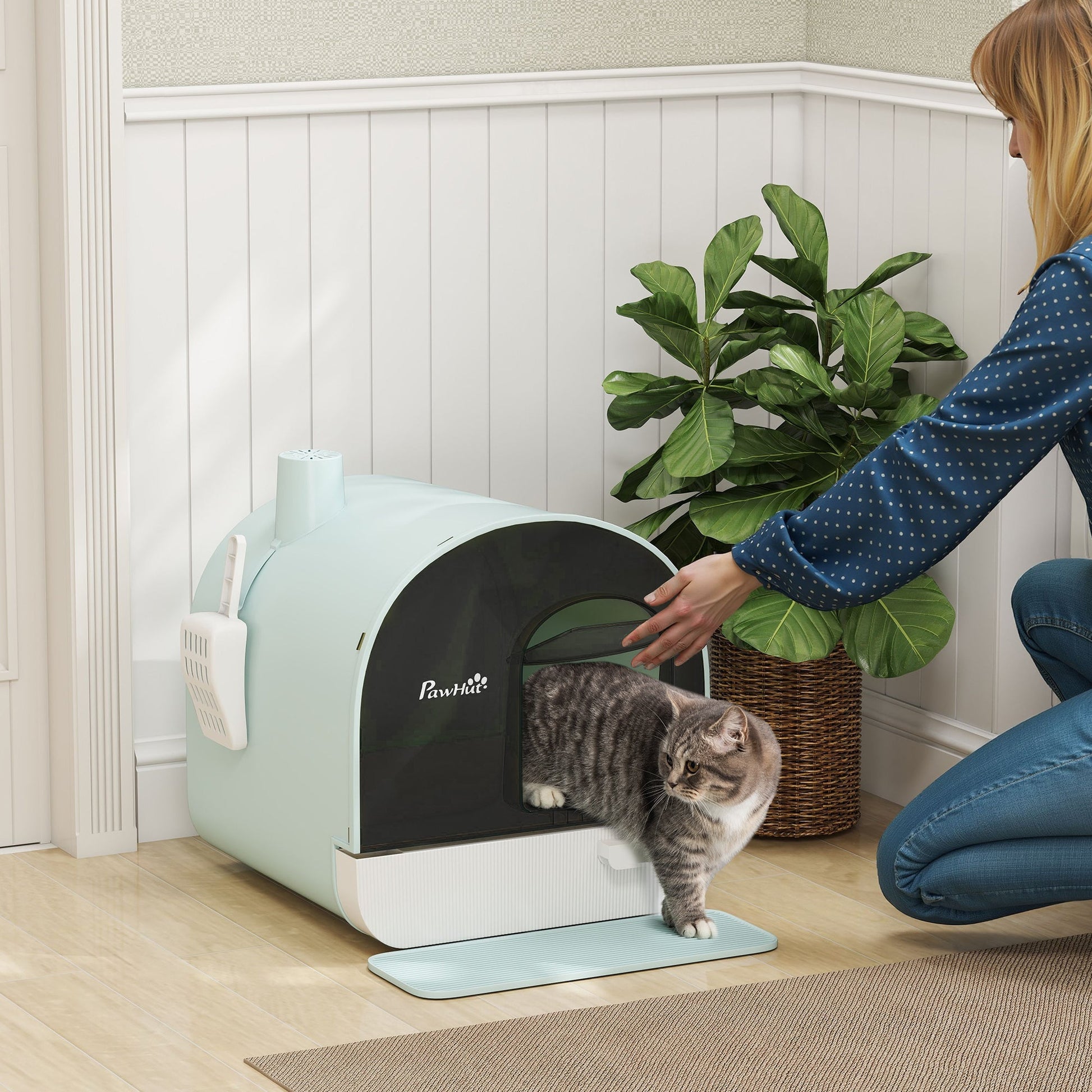 HKM-1508029 Enclosed Cat Litter Box with Lid, Drawer Design, Anti-Leakage, Easy Clean, Odor Control, Green