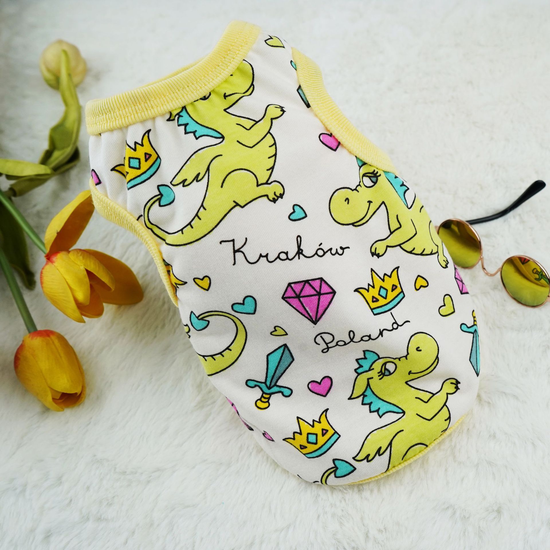 HKM-1508925 Cute Cartoon Dog Vest in Polyester ¨C Multiple Designs: Dinosaur World, Crown Dinosaur, Mermaid, Sizes XS to XL