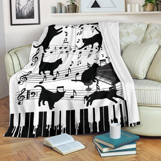HKM-151123 Cozy Cat and Piano Flannel Blanket for All Seasons - Perfect Home Decor Gift