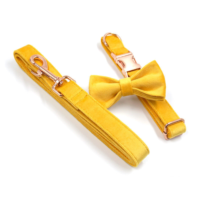 HKM-1512125 Turmeric Velvet Dog Collar Set with Rose Gold Buckle and Bow