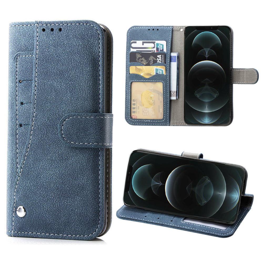 HKM-151379 Apple iPhone 13 Flip Card Holder Wallet Case in Black, Blue, and Purple - Handmade TPU and Leather Design