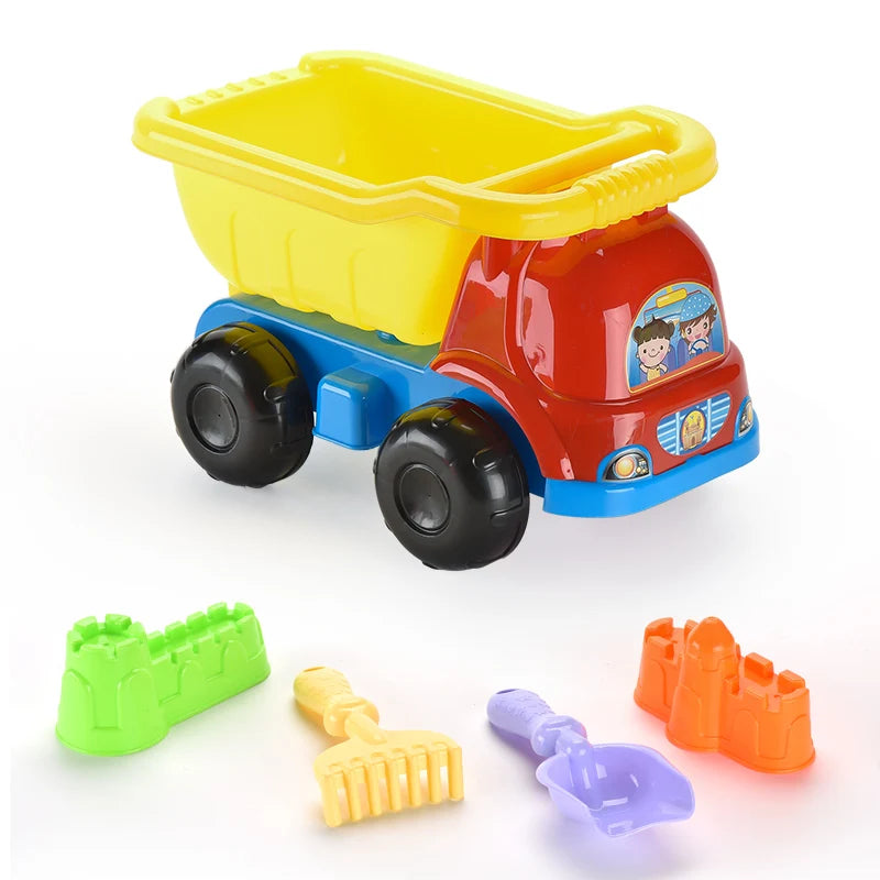 HKM-151379 Creative Sand Beach Toy Set for Kids - 5pcs ABS Plastic Truck, Car, and Castle Molds