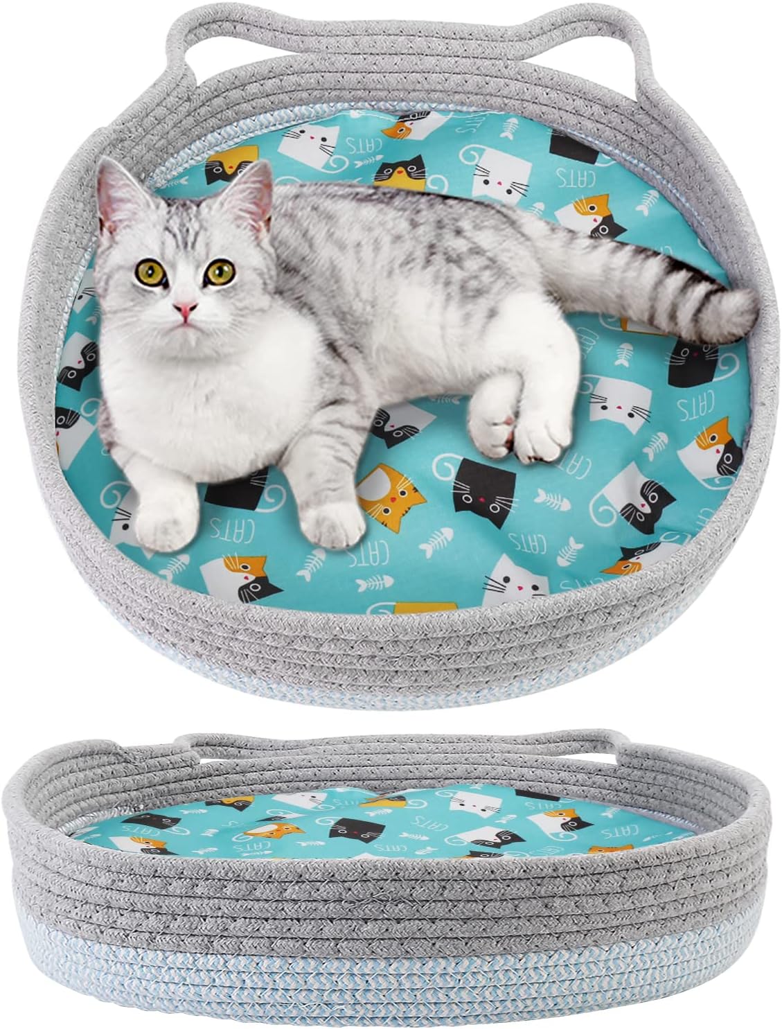 HKM-1515581 Cozy Cooling Round Cat Bed with Wicker Design, Washable Cotton Nest for Indoor Cats