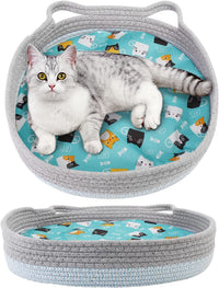 HKM-1515581 Cozy Cooling Round Cat Bed with Wicker Design, Washable Cotton Nest for Indoor Cats