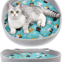 HKM-1515581 Cozy Cooling Round Cat Bed with Wicker Design, Washable Cotton Nest for Indoor Cats