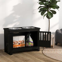 HKM-1518269 Dog Food Storage Cabinet with Stainless Steel Bowls and Elevated Feeding Station, Black Finish