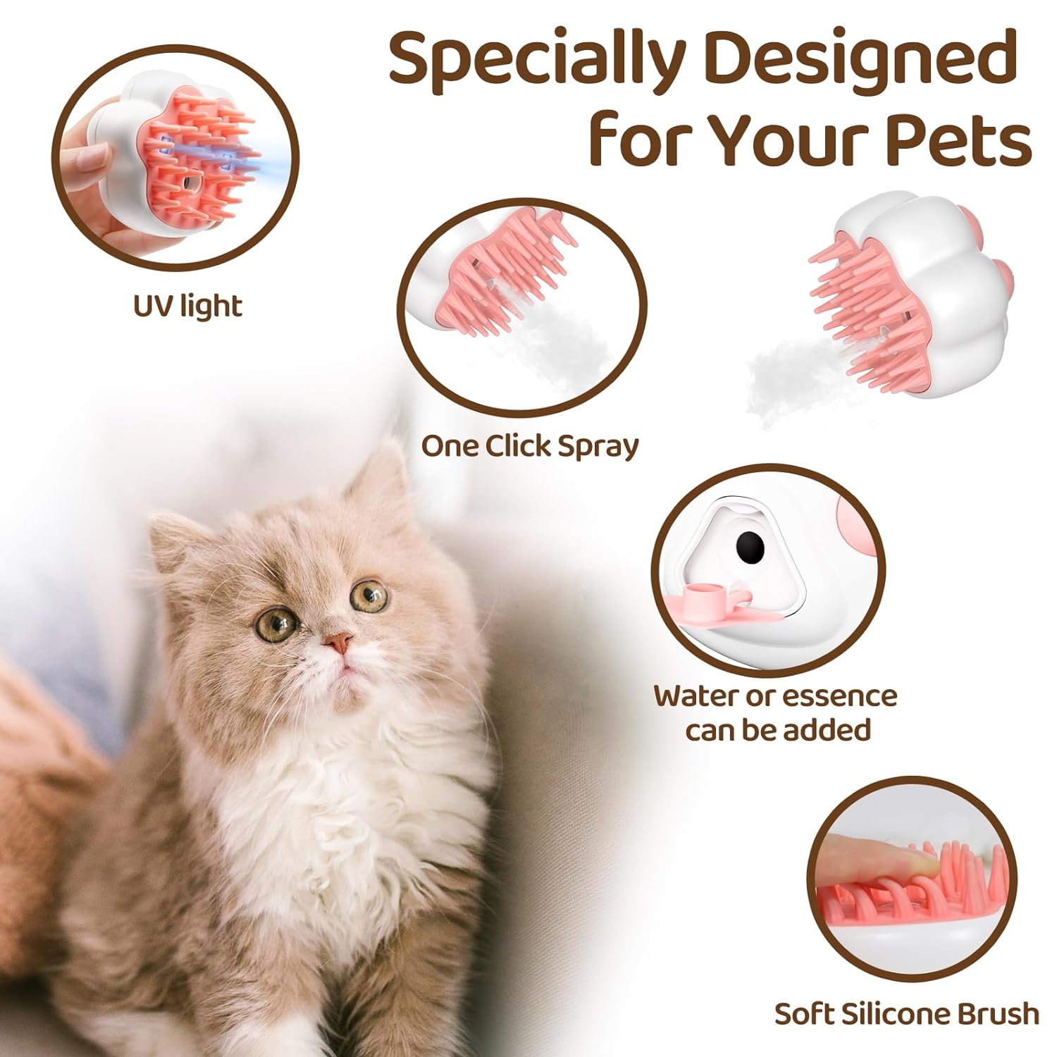 HKM-1521341 4-in-1 Steam Cat Brush for Grooming, Hair Removal, and Pet Massage