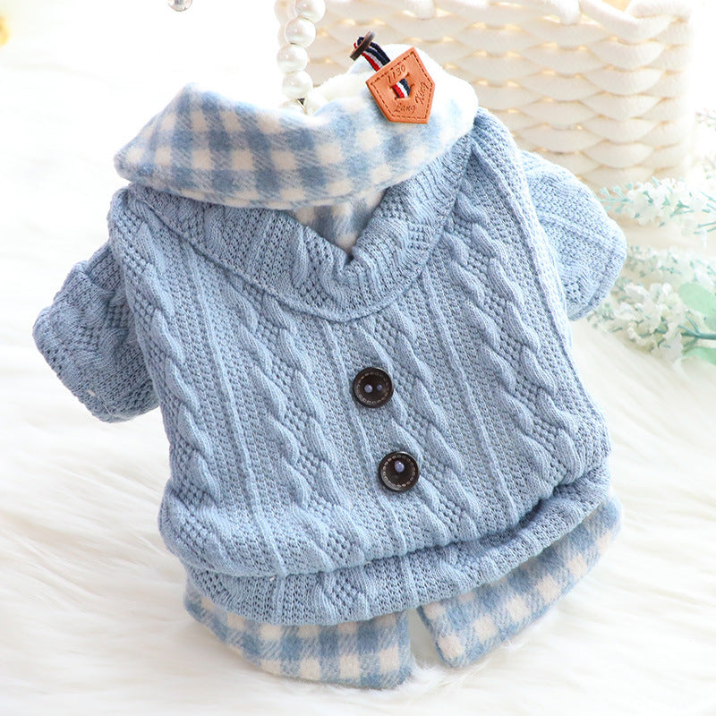 HKM-1521853 Fleece-Lined Wool Plaid Dog Sweater – Warm Cotton Fake Two Pieces in Blue & Pink