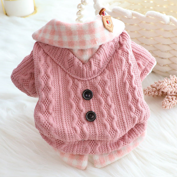HKM-1521853 Fleece-Lined Wool Plaid Dog Sweater – Warm Cotton Fake Two Pieces in Blue & Pink