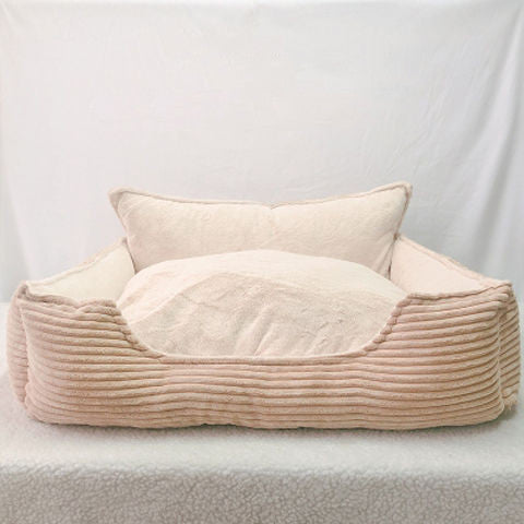 HKM-1523901 Cozy Removable Washable Plush Dog Bed with Corduroy Backrest - Medium & Large Sizes Available