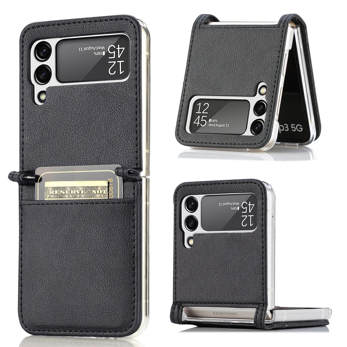 HKM-152531 Samsung Z Flip 3 5G Leather Card Holder Case with Up and Down Folding Screen Design