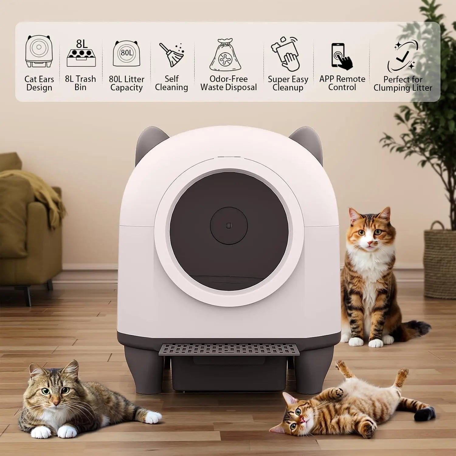 HKM-152723 Intelligent Self-Cleaning Cat Litter Box with Anti-Pinch Safety and App Connectivity, 80L Capacity