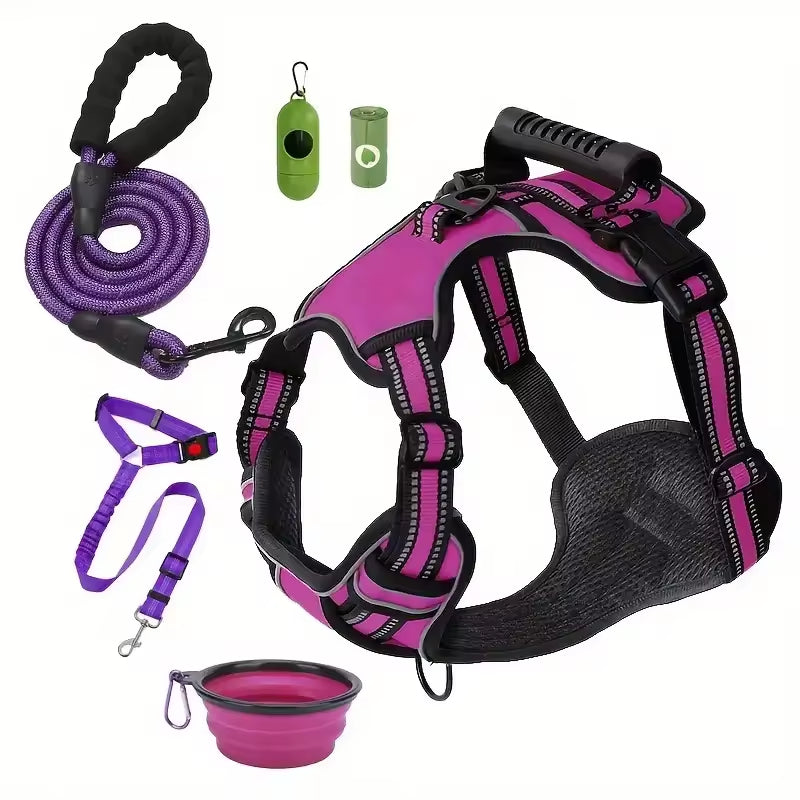 HKM-1529405 Multi-Functional Tactical Dog Harness Set with Adjustable Strap, Car Seat Belt, Dog Bowl, and Eco-Friendly Trash Bags