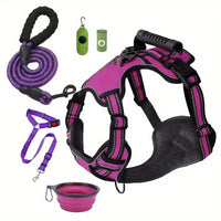 HKM-1529405 Multi-Functional Tactical Dog Harness Set with Adjustable Strap, Car Seat Belt, Dog Bowl, and Eco-Friendly Trash Bags