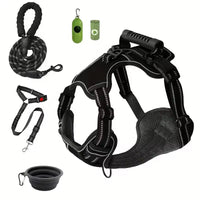 HKM-1529405 Multi-Functional Tactical Dog Harness Set with Adjustable Strap, Car Seat Belt, Dog Bowl, and Eco-Friendly Trash Bags