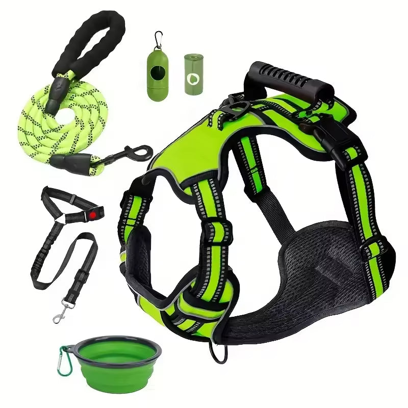 HKM-1529405 Multi-Functional Tactical Dog Harness Set with Adjustable Strap, Car Seat Belt, Dog Bowl, and Eco-Friendly Trash Bags