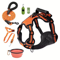 HKM-1529405 Multi-Functional Tactical Dog Harness Set with Adjustable Strap, Car Seat Belt, Dog Bowl, and Eco-Friendly Trash Bags
