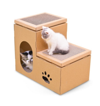 HKM-1529789 Cat House with Double Ladder, Cat Claw Grinding Disc, and Catnip Toy - Easy to Assemble, Ventilated Design