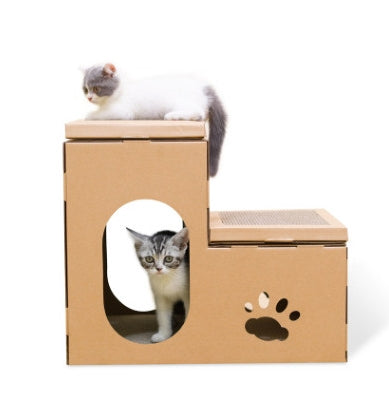 HKM-1529789 Cat House with Double Ladder, Cat Claw Grinding Disc, and Catnip Toy - Easy to Assemble, Ventilated Design