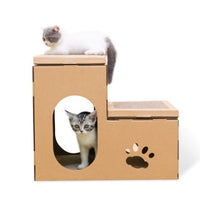 HKM-1529789 Cat House with Double Ladder, Cat Claw Grinding Disc, and Catnip Toy - Easy to Assemble, Ventilated Design
