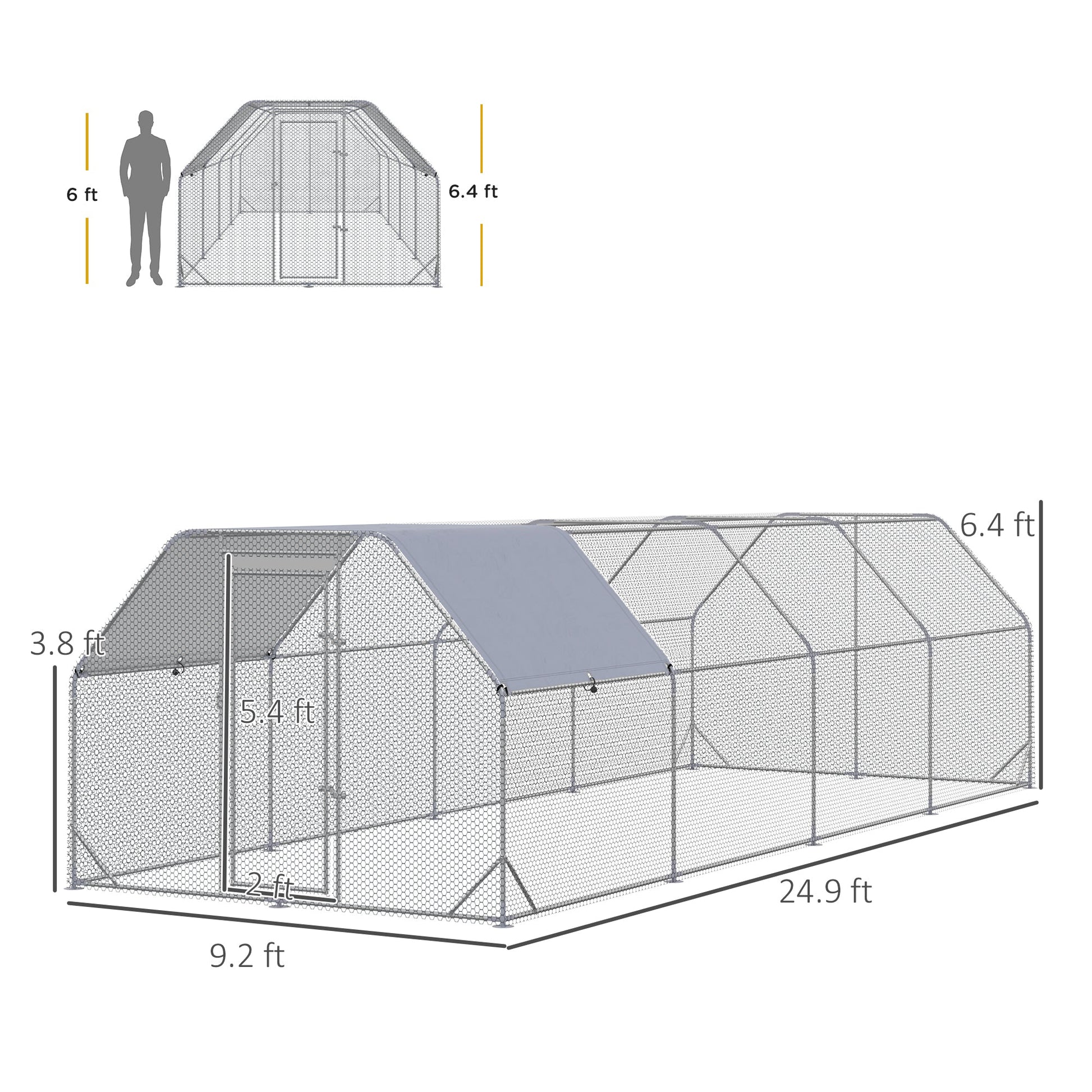 HKM-1533245 Large Metal Chicken Coop with Waterproof Cover, Walk-In Hen House and Run, 1" Tube Diameter - 9.2' x 24.9' x 6.4'