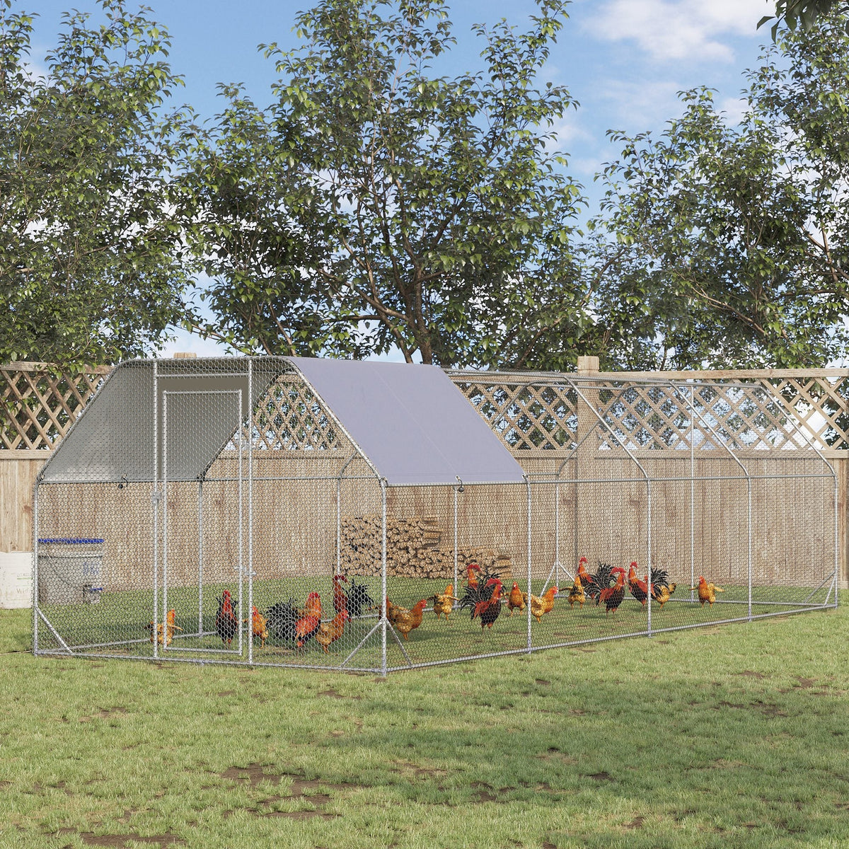 HKM-1533245 Large Metal Chicken Coop with Waterproof Cover, Walk-In Hen House and Run, 1" Tube Diameter - 9.2' x 24.9' x 6.4'