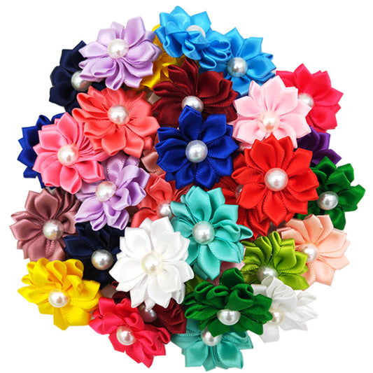 HKM-1534397 Flower Bow Rubber Bands for Pets - Japanese and Korean Style, 50pcs, Decorative Cloth Pet Accessories