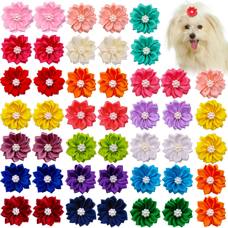 HKM-1534397 Flower Bow Rubber Bands for Pets - Japanese and Korean Style, 50pcs, Decorative Cloth Pet Accessories