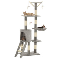 HKM-1538621 Cat Scratching Post with Sisal Rope and Plush Hideaways - 138 cm, Available in Beige, Dark Blue, Gray, and Paw Print Design
