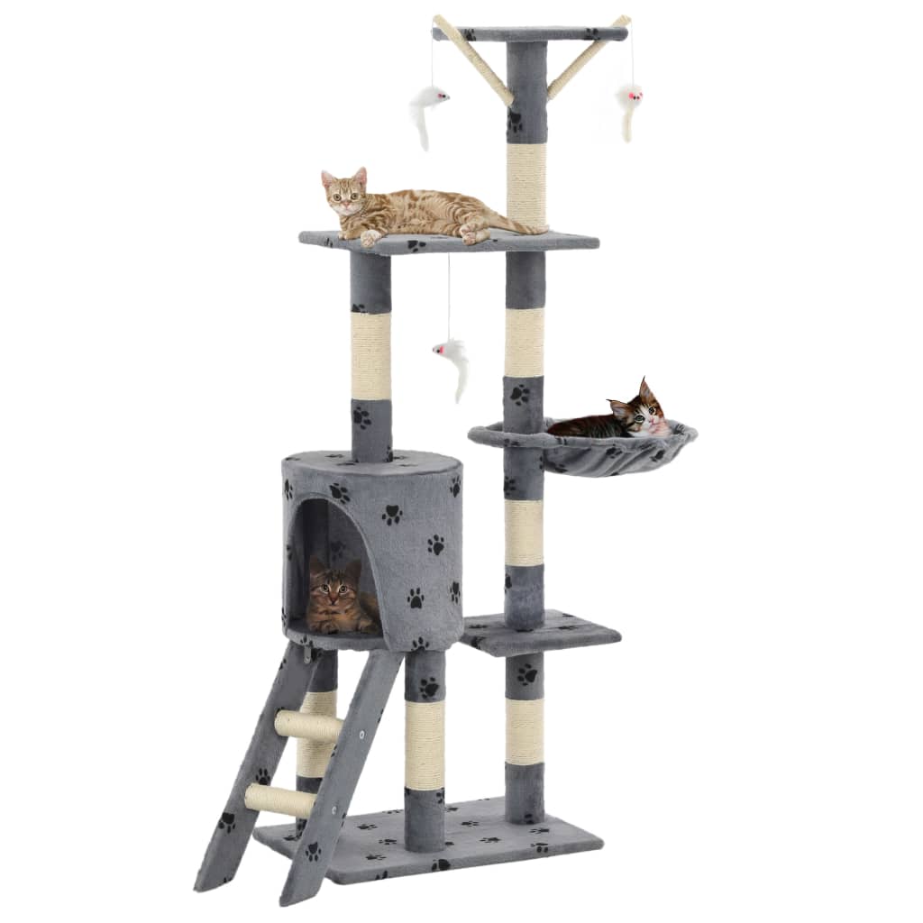 HKM-1538621 Cat Scratching Post with Sisal Rope and Plush Hideaways - 138 cm, Available in Beige, Dark Blue, Gray, and Paw Print Design