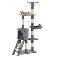 HKM-1538621 Cat Scratching Post with Sisal Rope and Plush Hideaways - 138 cm, Available in Beige, Dark Blue, Gray, and Paw Print Design