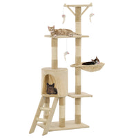 HKM-1538621 Cat Scratching Post with Sisal Rope and Plush Hideaways - 138 cm, Available in Beige, Dark Blue, Gray, and Paw Print Design