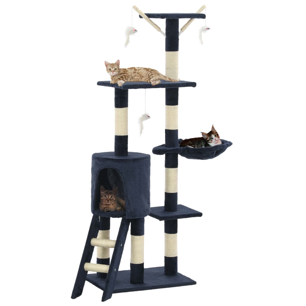 HKM-1538621 Cat Scratching Post with Sisal Rope and Plush Hideaways - 138 cm, Available in Beige, Dark Blue, Gray, and Paw Print Design