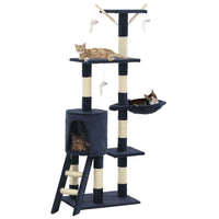 HKM-1538621 Cat Scratching Post with Sisal Rope and Plush Hideaways - 138 cm, Available in Beige, Dark Blue, Gray, and Paw Print Design