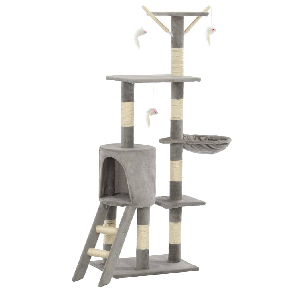 HKM-1538621 Cat Scratching Post with Sisal Rope and Plush Hideaways - 138 cm, Available in Beige, Dark Blue, Gray, and Paw Print Design