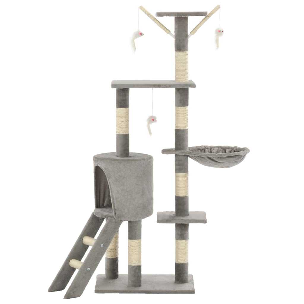 HKM-1538621 Cat Scratching Post with Sisal Rope and Plush Hideaways - 138 cm, Available in Beige, Dark Blue, Gray, and Paw Print Design