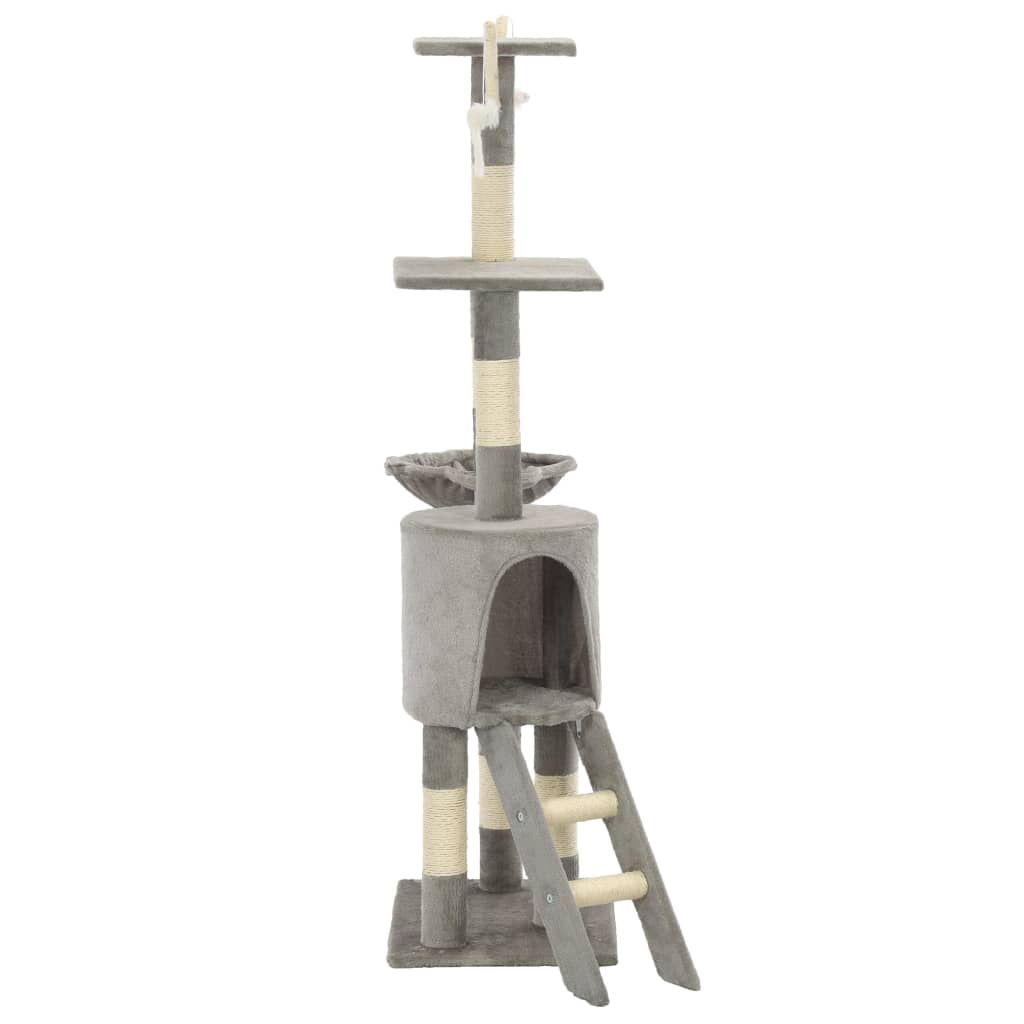 HKM-1538621 Cat Scratching Post with Sisal Rope and Plush Hideaways - 138 cm, Available in Beige, Dark Blue, Gray, and Paw Print Design