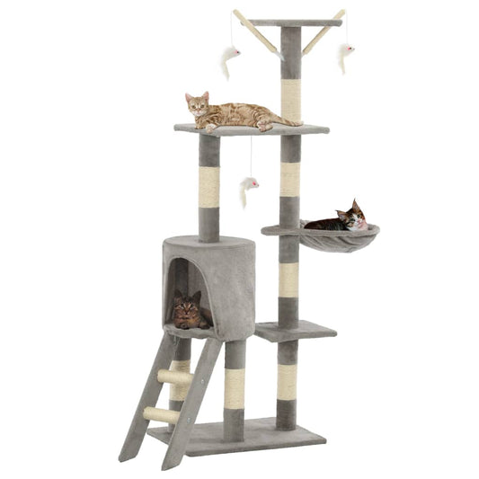 HKM-1538621 Cat Scratching Post with Sisal Rope and Plush Hideaways - 138 cm, Available in Beige, Dark Blue, Gray, and Paw Print Design