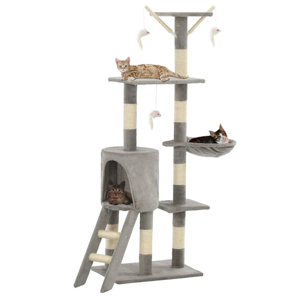 HKM-1538621 Cat Scratching Post with Sisal Rope and Plush Hideaways - 138 cm, Available in Beige, Dark Blue, Gray, and Paw Print Design