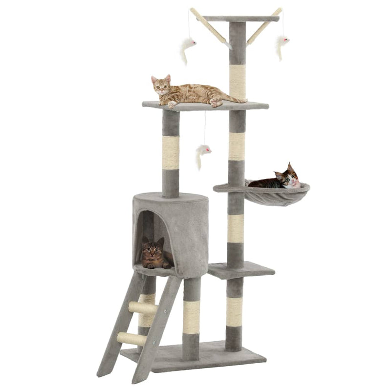 HKM-1538621 Cat Scratching Post with Sisal Rope and Plush Hideaways - 138 cm, Available in Beige, Dark Blue, Gray, and Paw Print Design