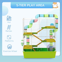 HKM-1539005 5-Tier Hamster Cage with Exercise Wheel and Water Bottle in Green and White