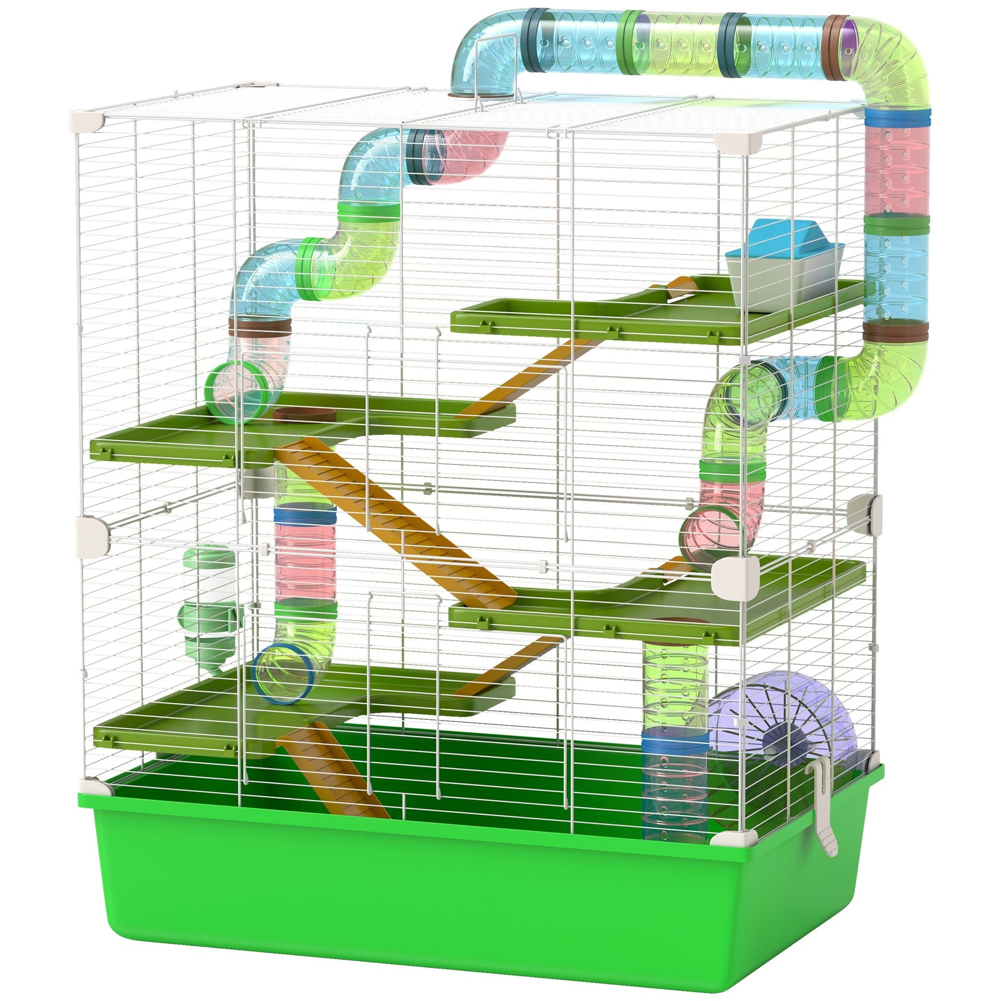 HKM-1539005 5-Tier Hamster Cage with Exercise Wheel and Water Bottle in Green and White