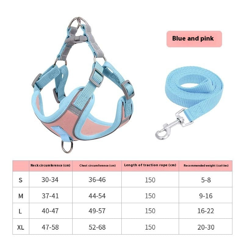 HKM-1544381 Reflective Suede Chest Harness with Leash for Pets in Pink and Blue