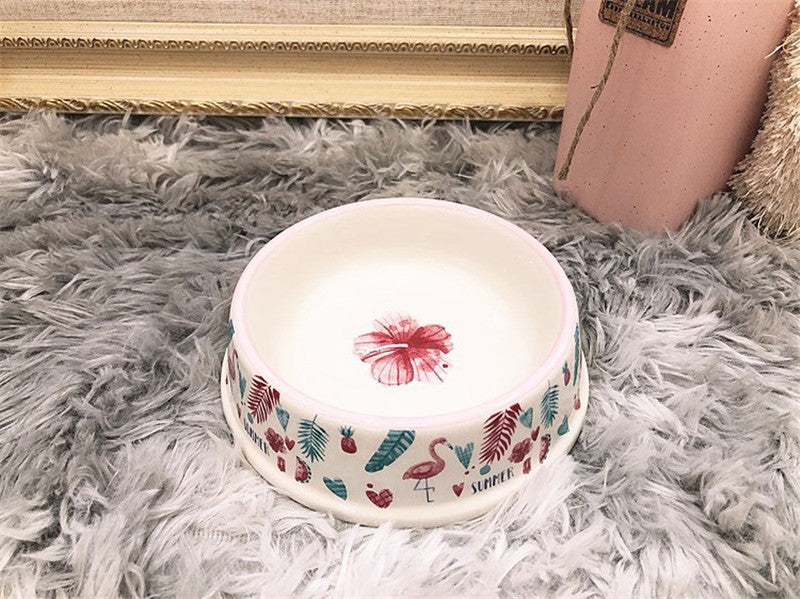 HKM-1551037 Tropical Rainforest Flamingo Ceramic Pet Bowl - Medium Size for Daily Use