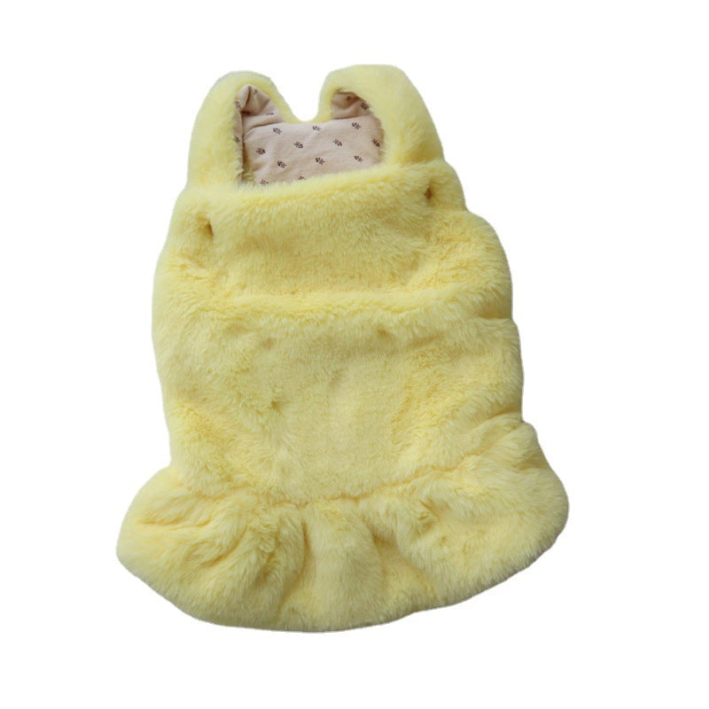 HKM-1551421 Warm Rabbit Fur Princess Skirt for Dogs - Double-Sided Yellow Floral Design