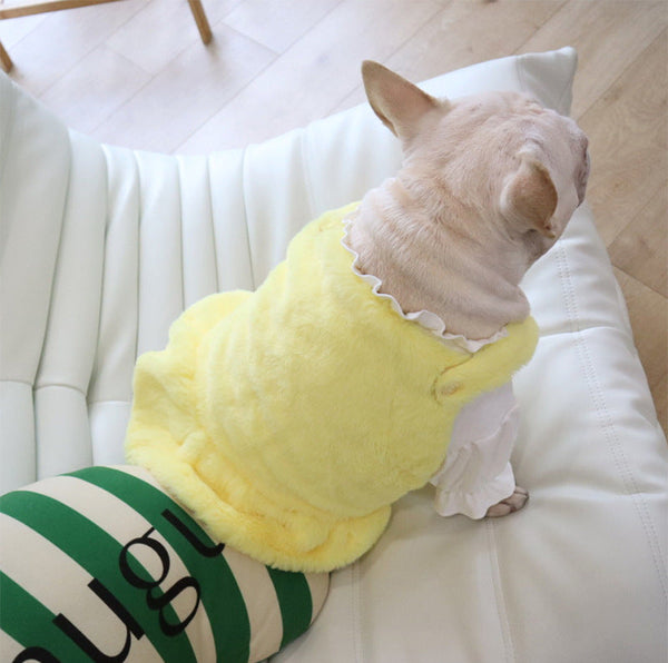 HKM-1551421 Warm Rabbit Fur Princess Skirt for Dogs - Double-Sided Yellow Floral Design