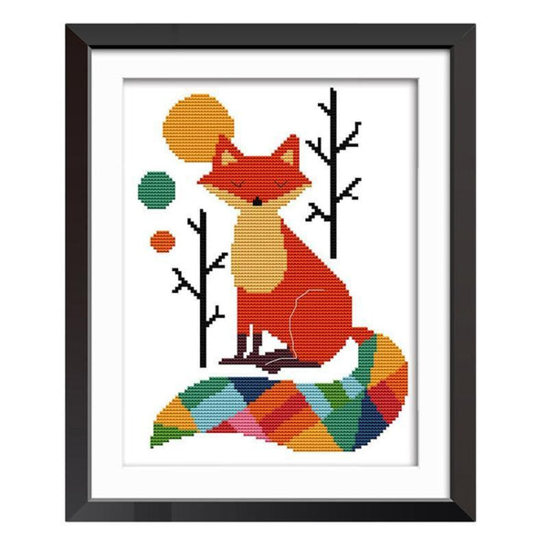 HKM-155411 Colorful Fox DIY Cross Stitch Kit - Ecological Cotton, Cartoon Design, 31.3 x 21.7 cm